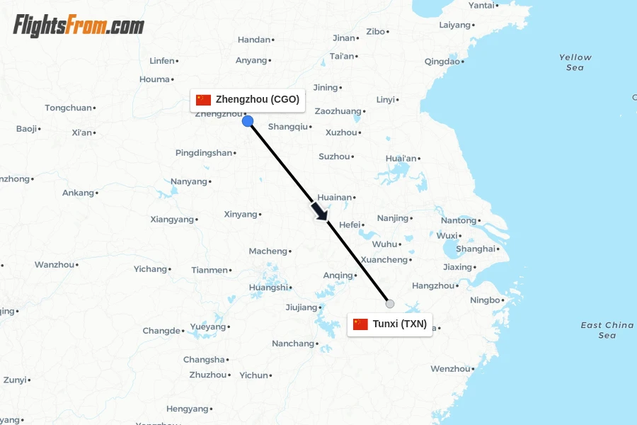 Flights from Zhengzhou to Tunxi route map