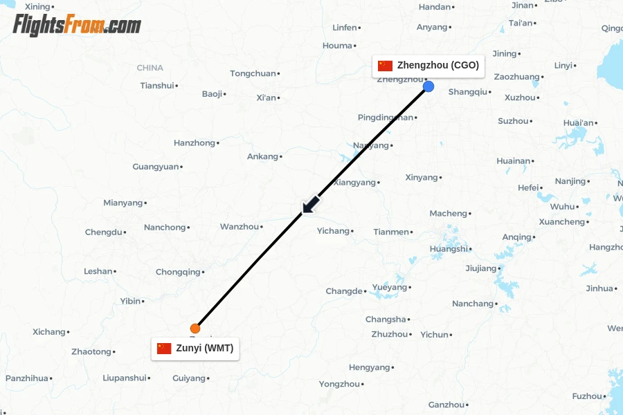 Flights from Zhengzhou to Zunyi route map