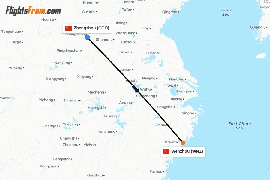 Flights from Zhengzhou to Wenzhou route map