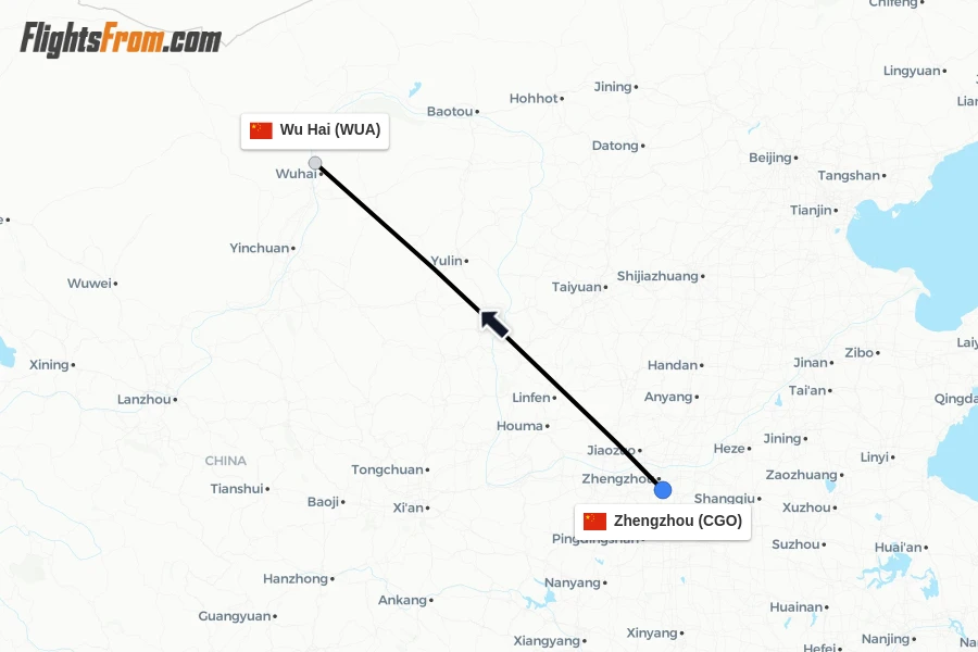 Flights from Zhengzhou to Wu Hai route map