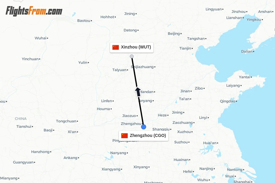 Flights from Zhengzhou to Xinzhou route map
