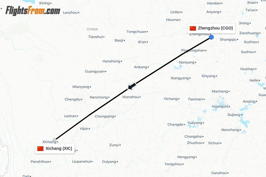 Flights from Zhengzhou to Xichang route map