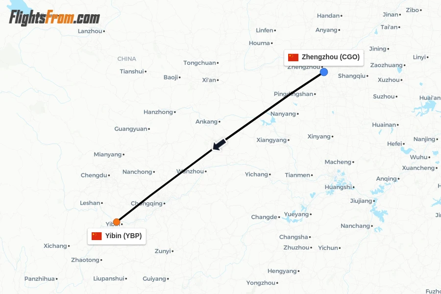 Flights from Zhengzhou to Yibin route map
