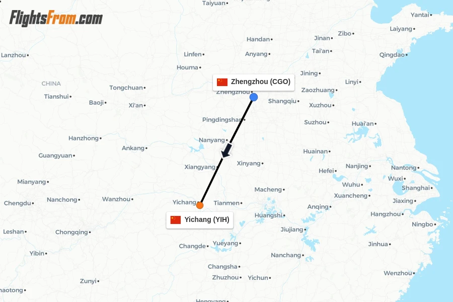 Flights from Zhengzhou to Yichang route map