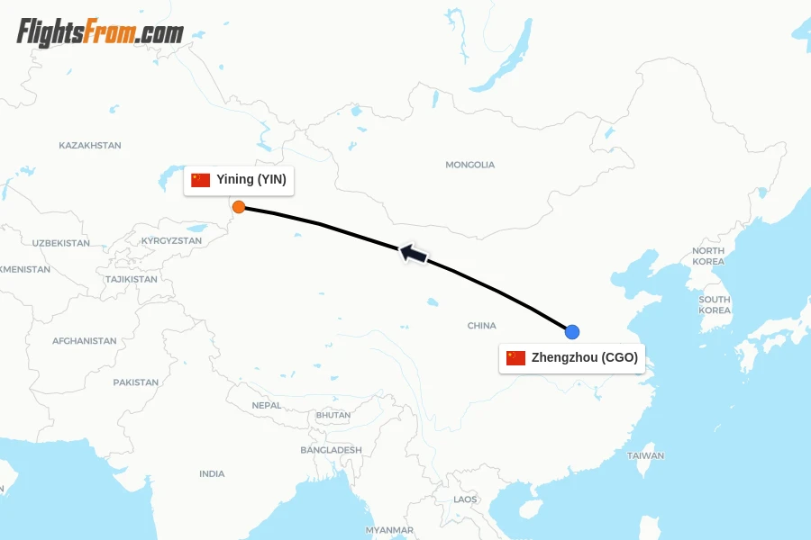 Flights from Zhengzhou to Yining route map
