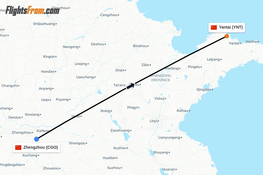 Flights from Zhengzhou to Yantai route map