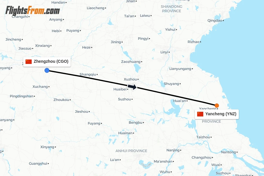 Flights from Zhengzhou to Yancheng route map