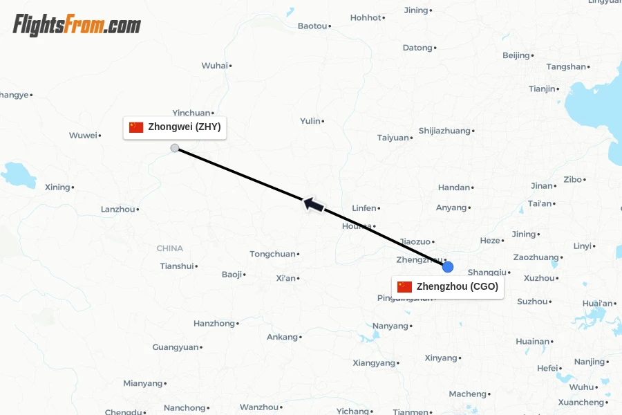 Flights from Zhengzhou to Zhongwei route map