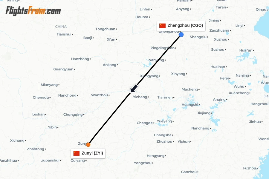 Flights from Zhengzhou to Zunyi route map
