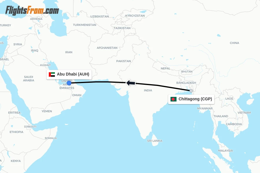 Flights from Chittagong to Abu Dhabi route map
