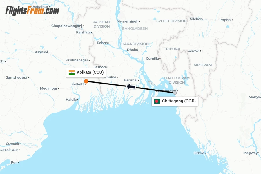 Flights from Chittagong to Kolkata route map