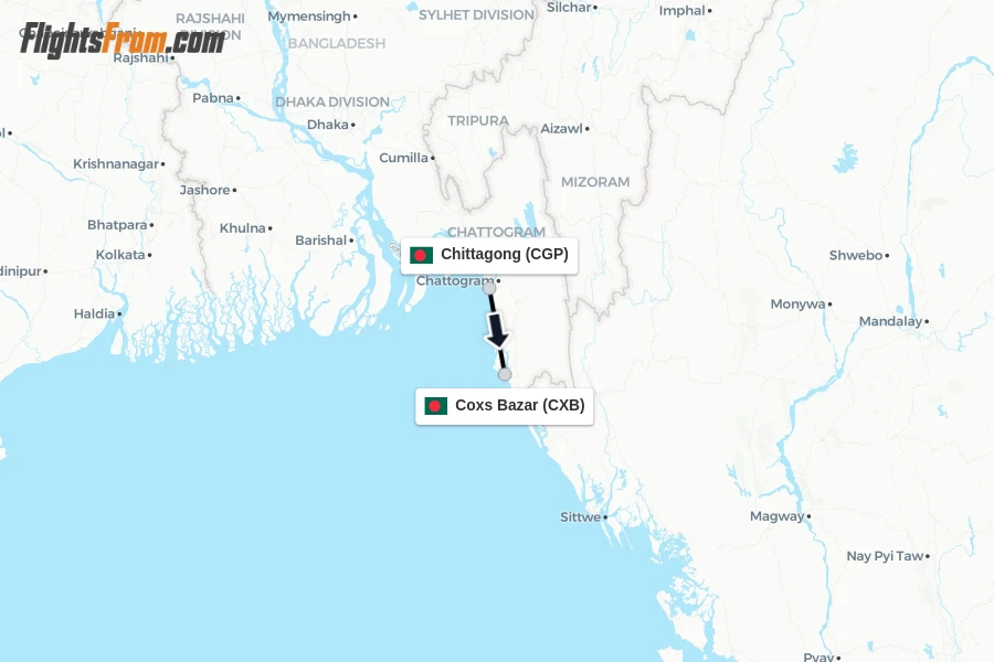 Flights from Chittagong to Coxs Bazar route map