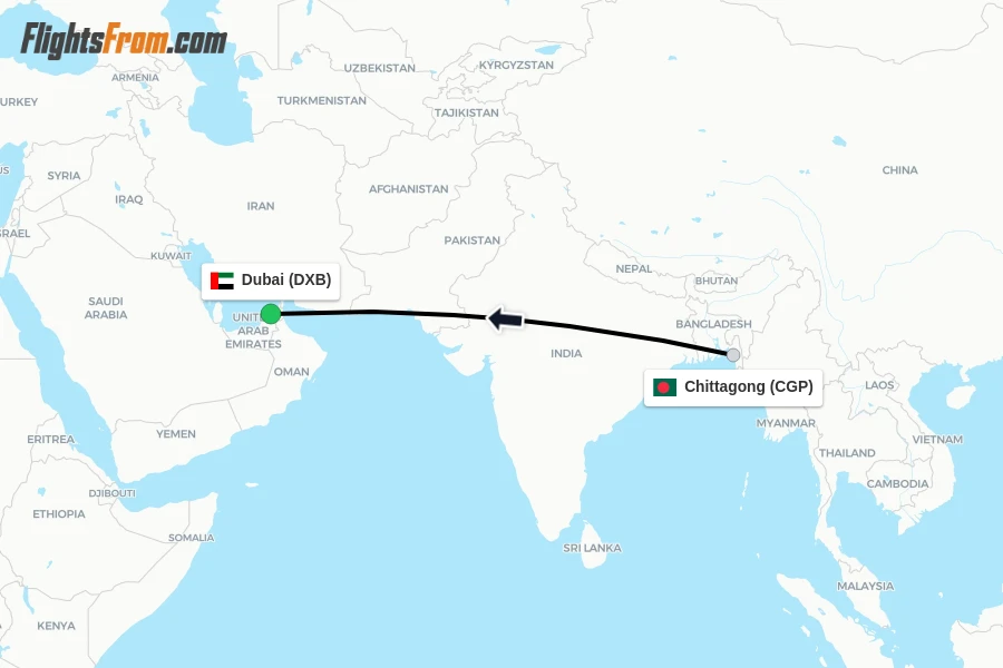 Flights from Chittagong to Dubai route map