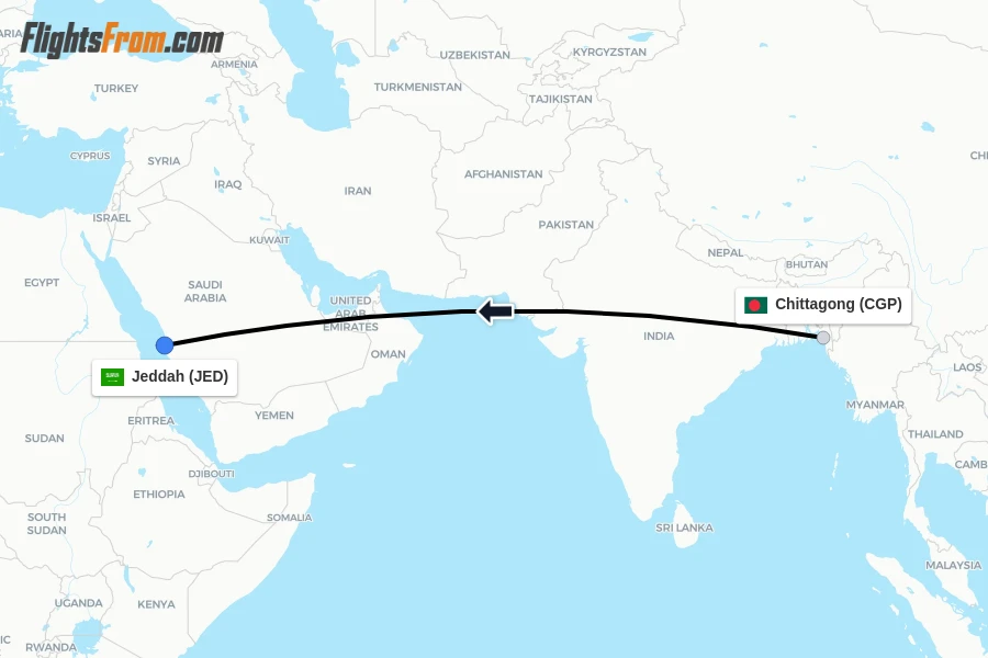 Flights from Chittagong to Jeddah route map