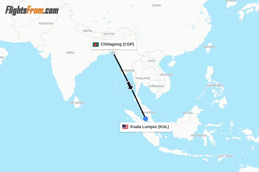 Flights from Chittagong to Kuala Lumpur route map