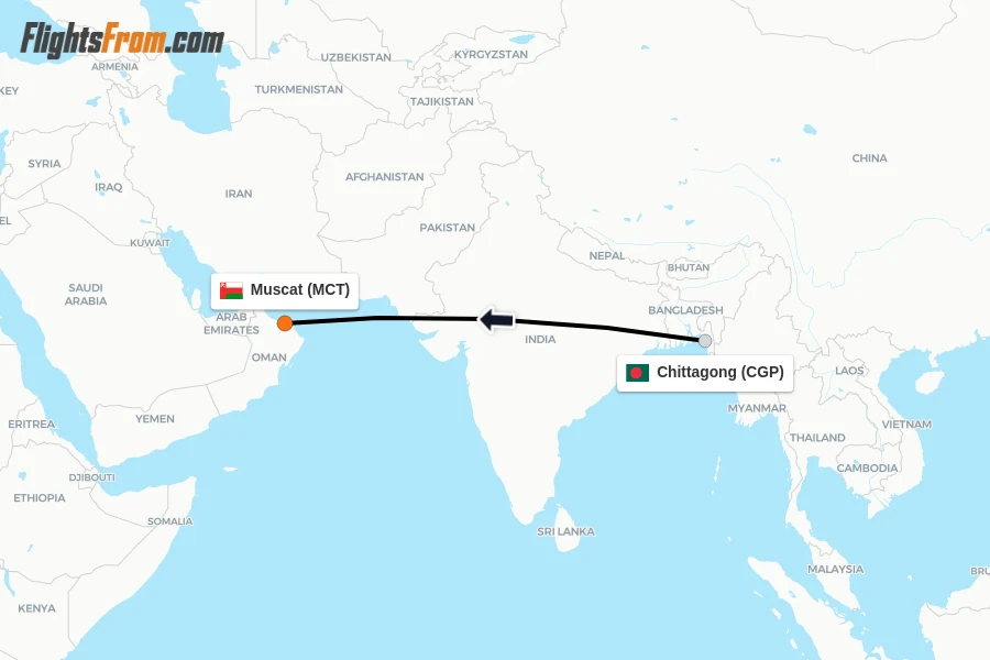 Flights from Chittagong to Muscat route map