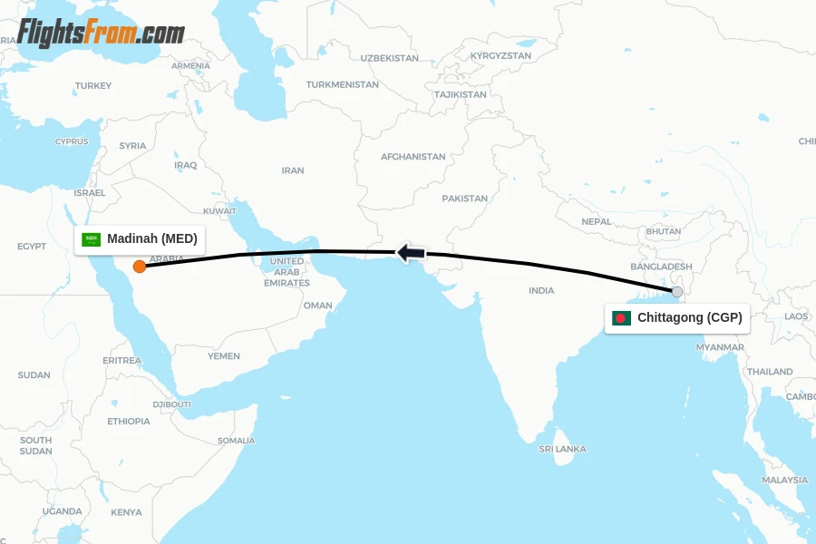 Flights from Chittagong to Madinah route map