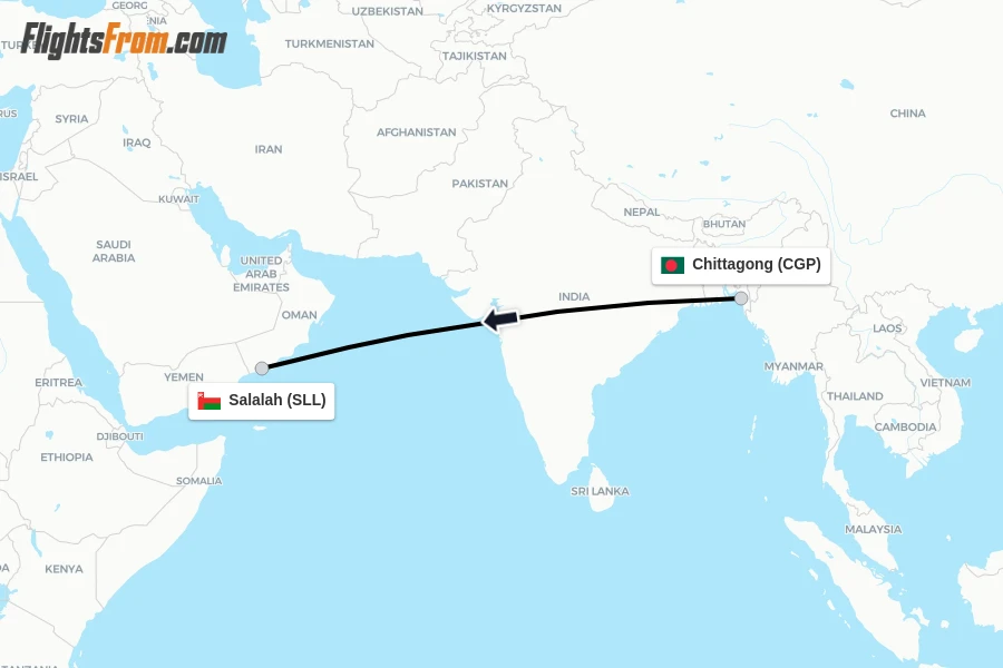 Flights from Chittagong to Salalah route map
