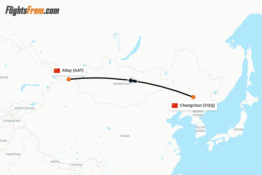 Flights from Changchun to Altay route map
