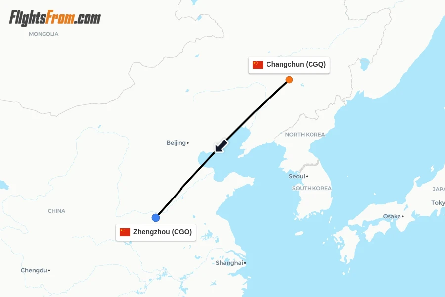 Flights from Changchun to Zhengzhou route map