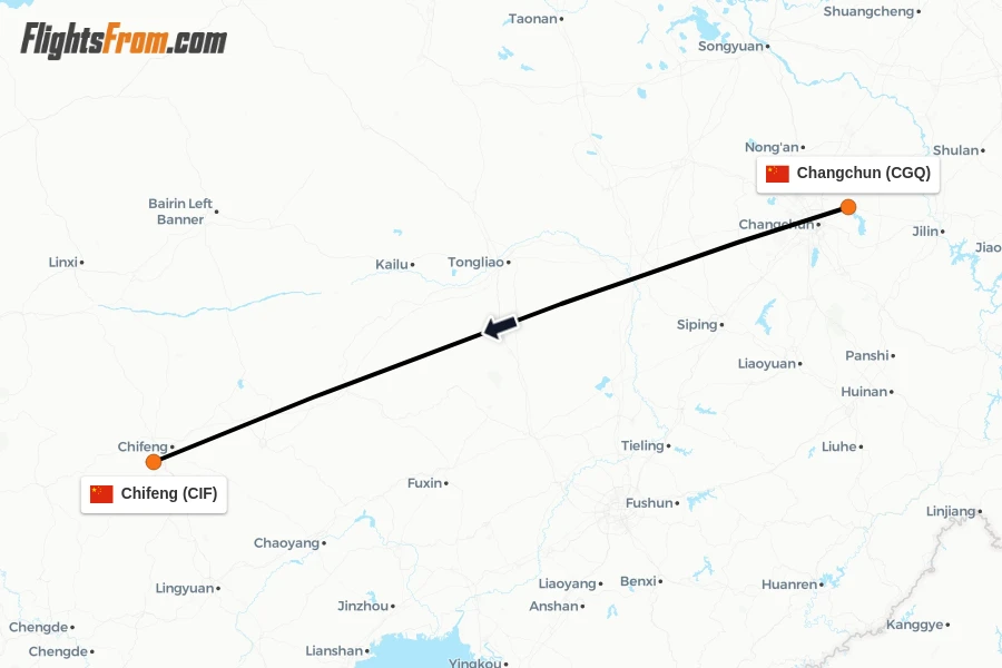 Flights from Changchun to Chifeng route map