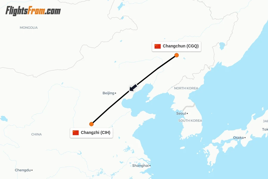 Flights from Changchun to Changzhi route map