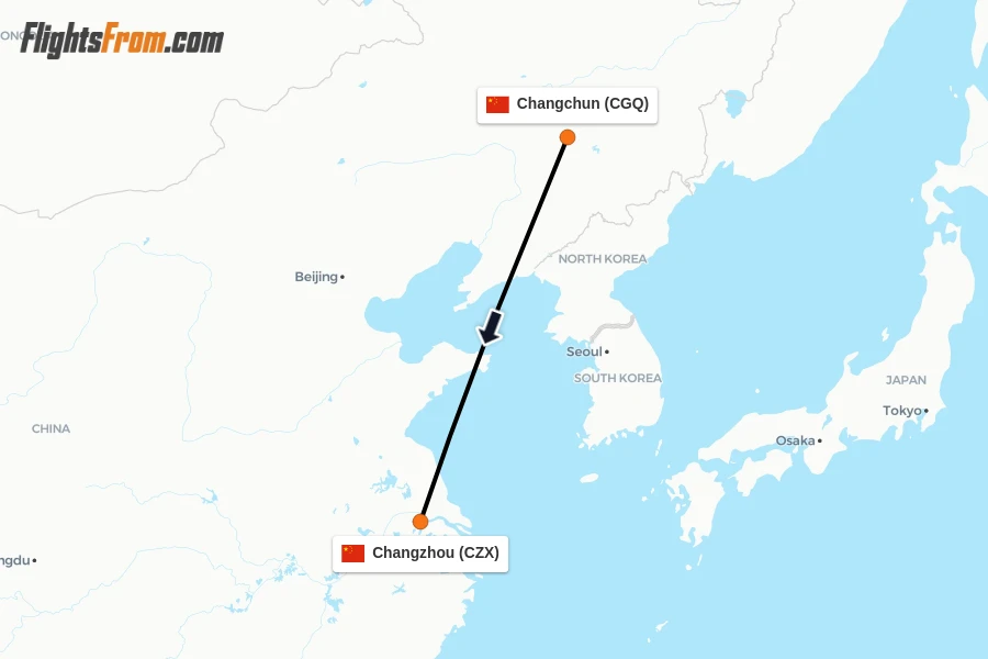 Flights from Changchun to Changzhou route map