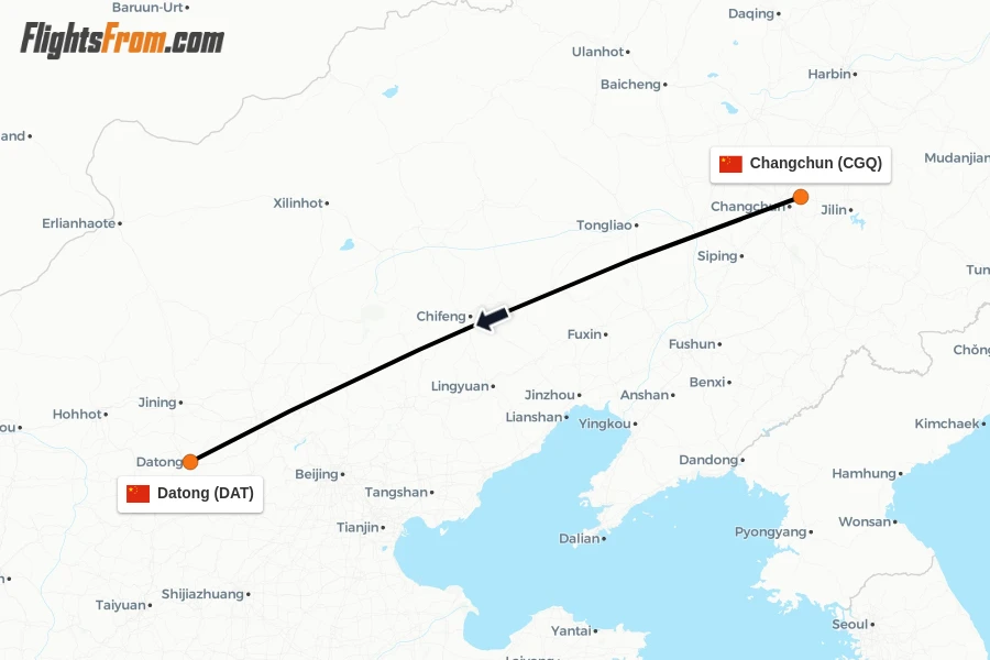 Flights from Changchun to Datong route map