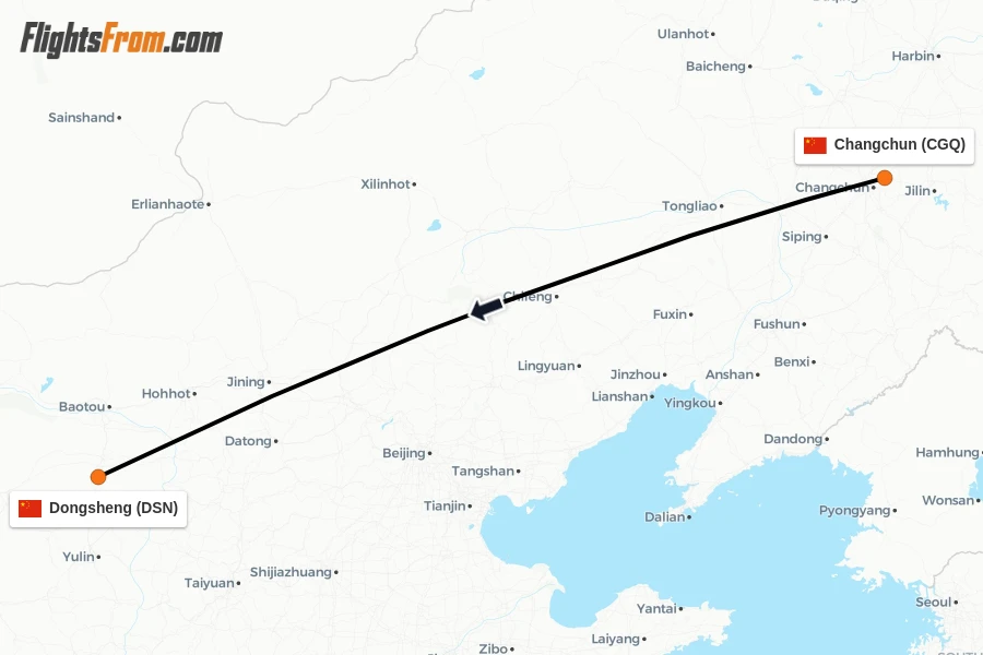 Flights from Changchun to Dongsheng route map