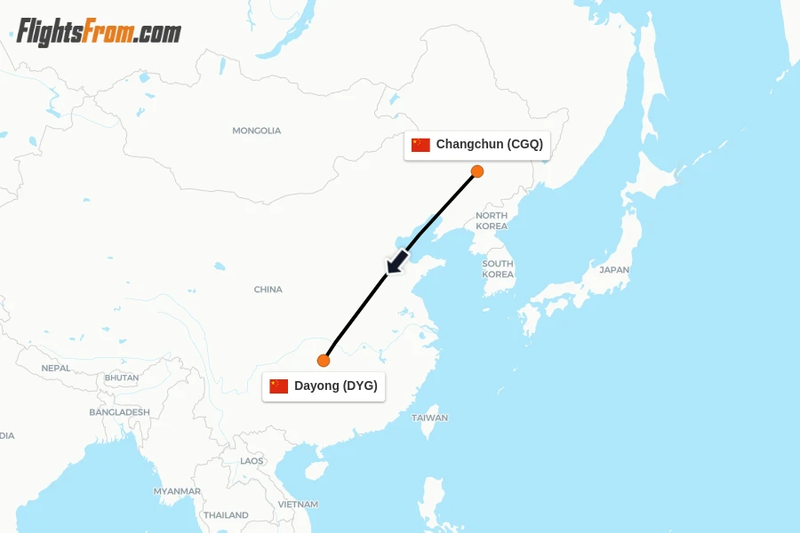 Flights from Changchun to Dayong route map