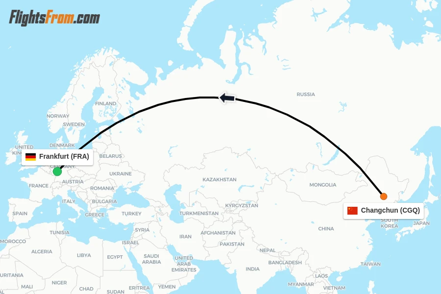 Flights from Changchun to Frankfurt route map