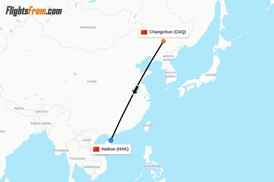 Flights from Changchun to Haikou route map