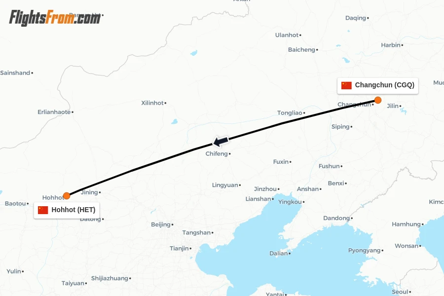 Flights from Changchun to Hohhot route map