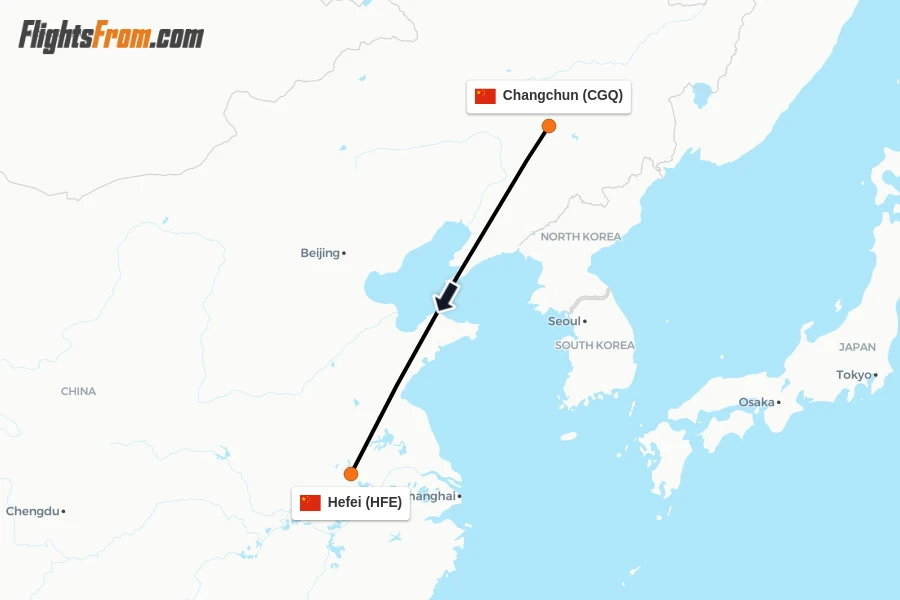 Flights from Changchun to Hefei route map