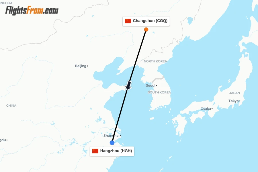 Flights from Changchun to Hangzhou route map