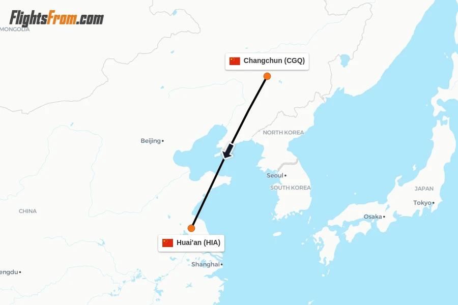 Flights from Changchun to Huai'an route map