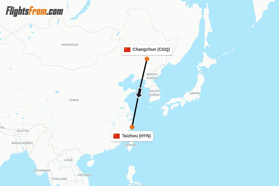 Flights from Changchun to Taizhou route map