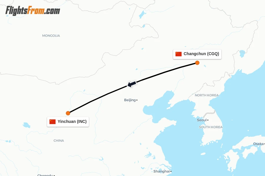 Flights from Changchun to Yinchuan route map