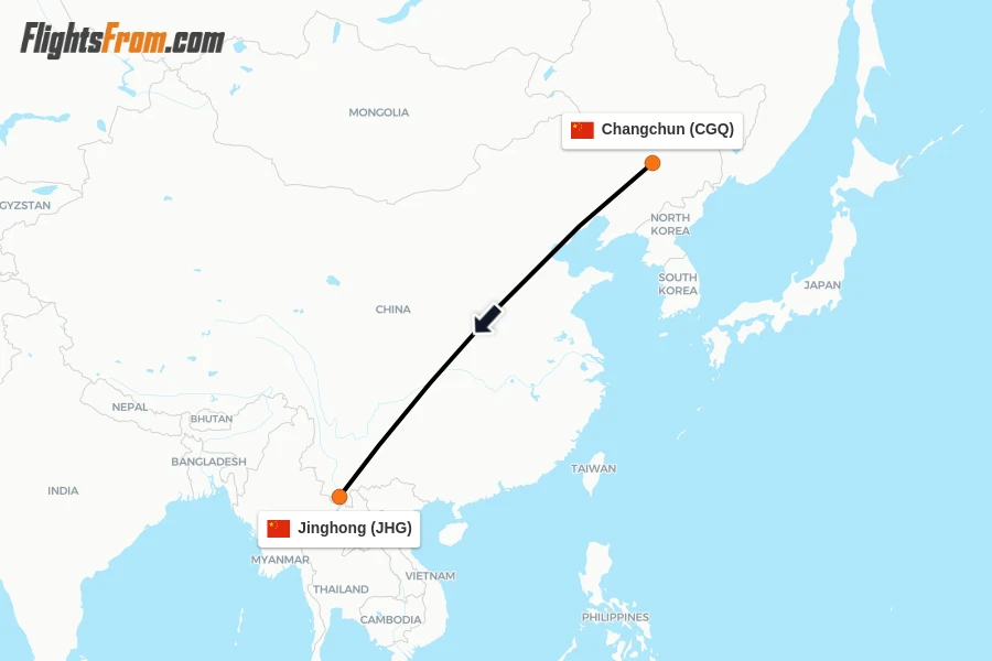 Flights from Changchun to Jinghong route map