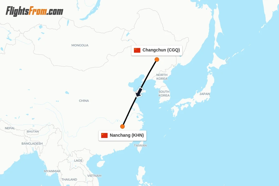 Flights from Changchun to Nanchang route map