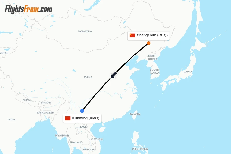 Flights from Changchun to Kunming route map
