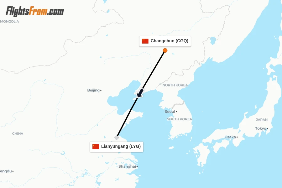 Flights from Changchun to Lianyungang route map