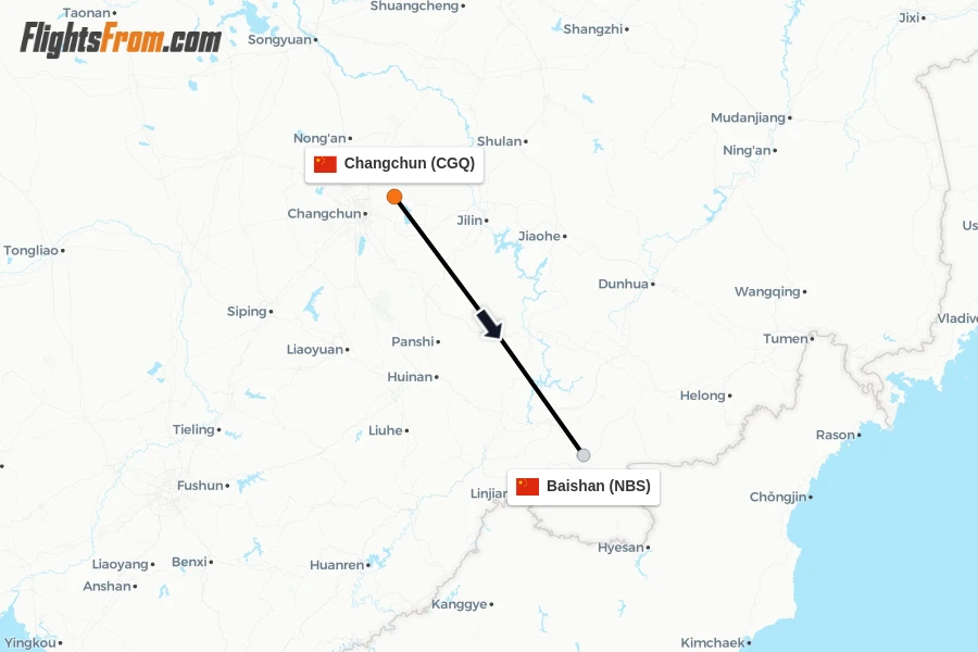 Flights from Changchun to Baishan route map