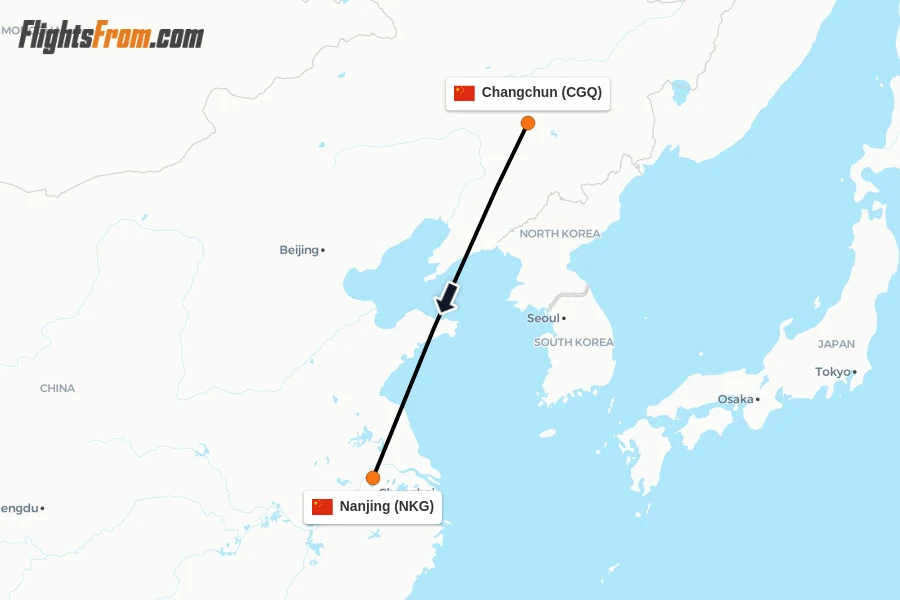 Flights from Changchun to Nanjing route map