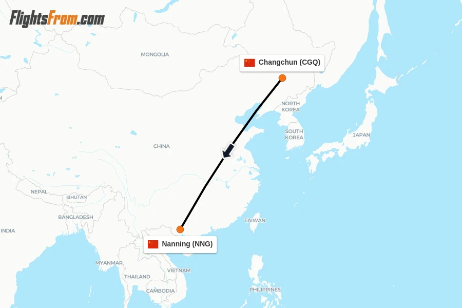 Flights from Changchun to Nanning route map