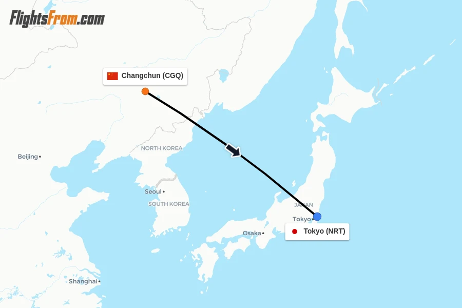 Flights from Changchun to Tokyo route map