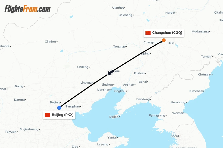Flights from Changchun to Beijing route map