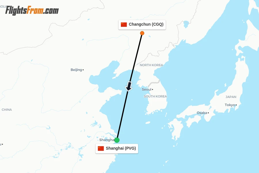 Flights from Changchun to Shanghai route map
