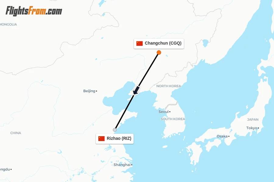 Flights from Changchun to Rizhao route map