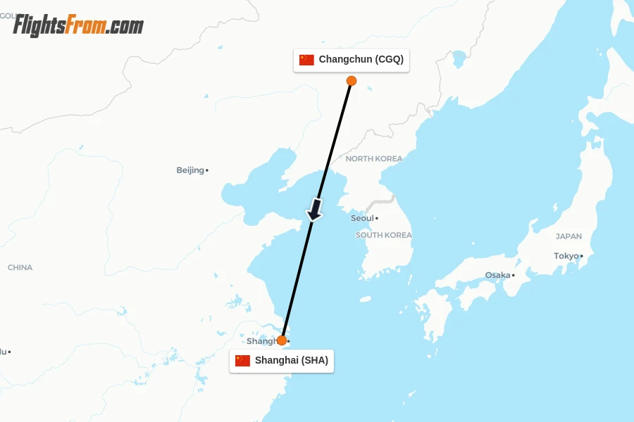 Flights from Changchun to Shanghai route map